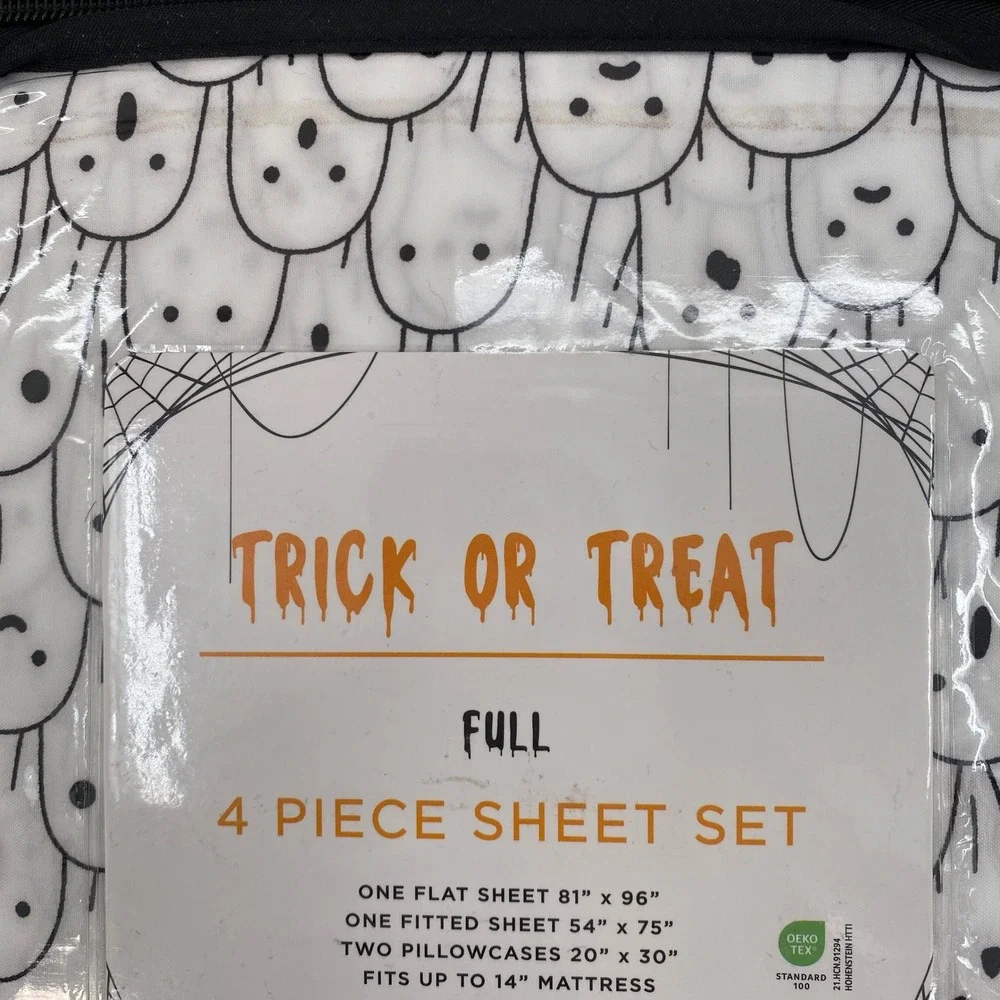 Trick or Treat Ghost Sheet Set FULL White Black Halloween Spooktacular Spooky